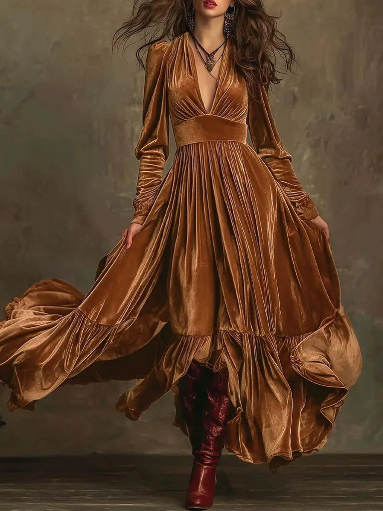 70er Samtkleid mit tiefem V-Ausschnitt und Raffung