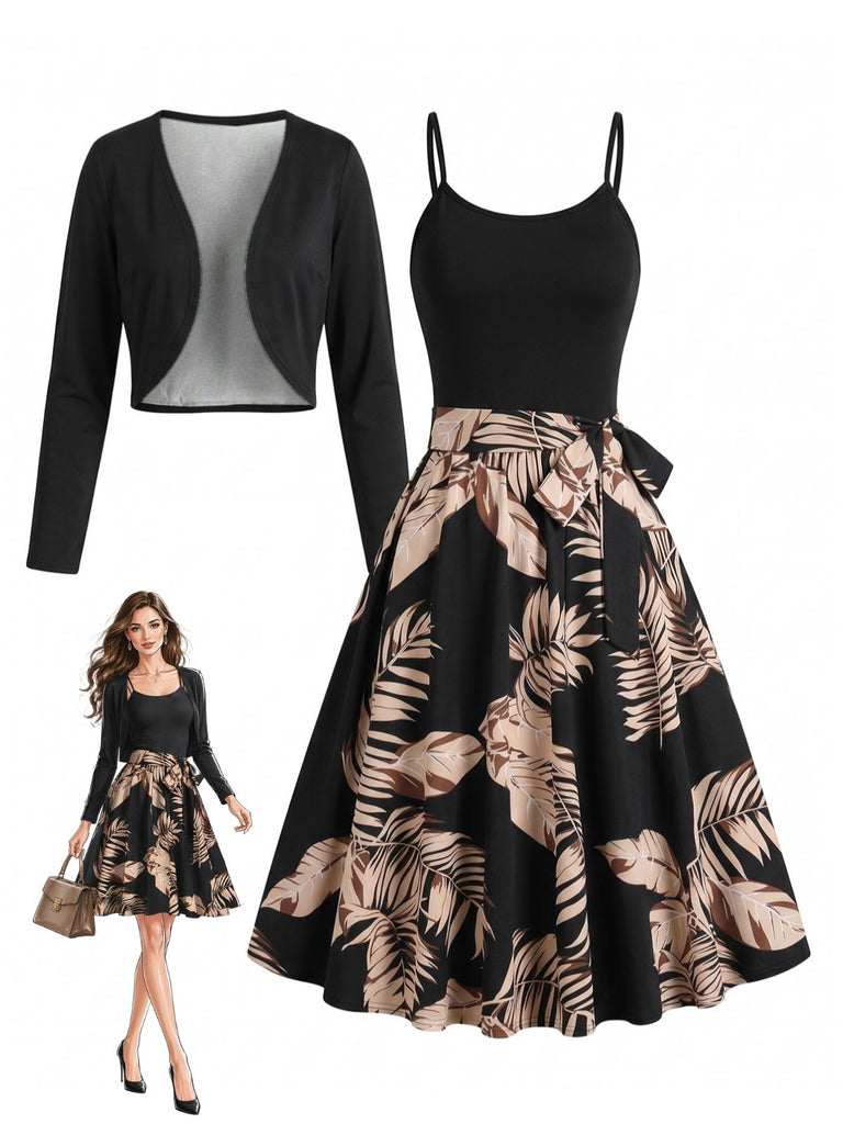 Goldenes 50er Kleid mit Palmen-Print und Bolero