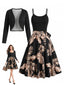 Goldenes 50er Kleid mit Palmen-Print und Bolero