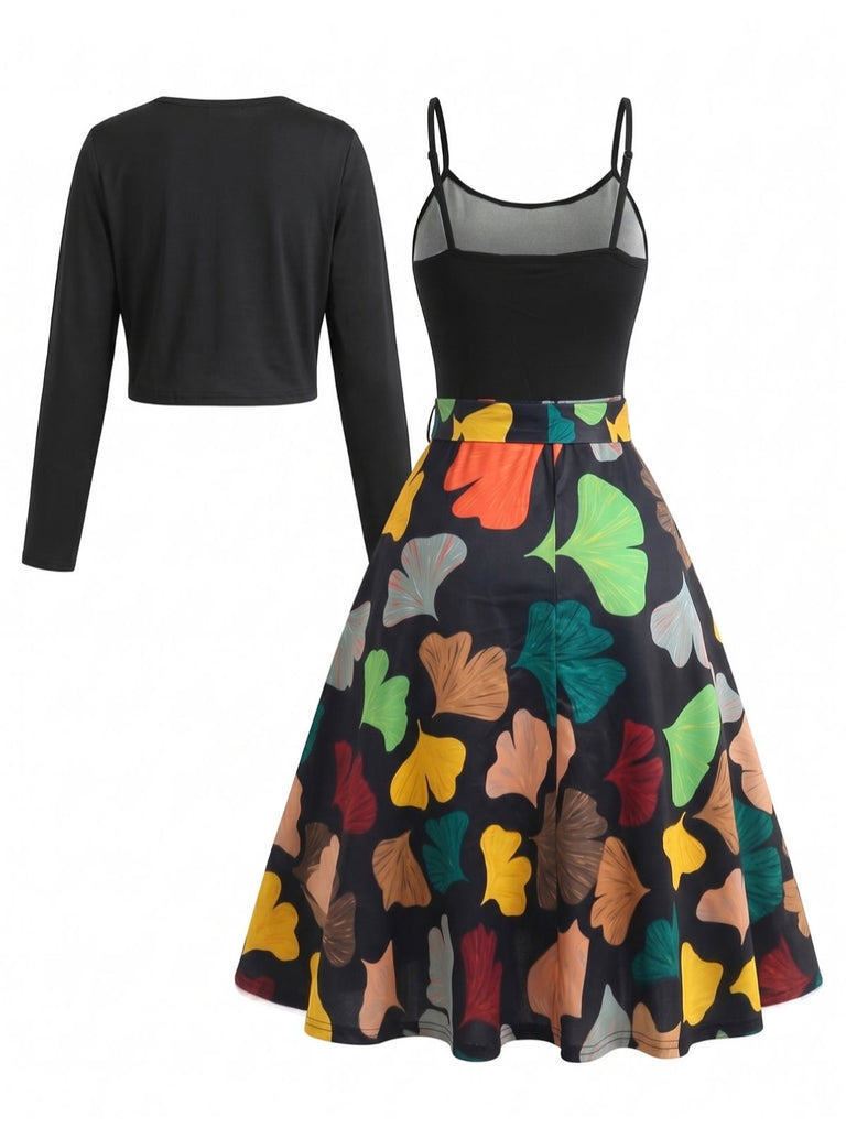 Goldenes 50er Kleid mit Palmen-Print und Bolero