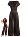 Brauner 50er Satin-Jumpsuit mit Wasserfallausschnitt und weitem Bein