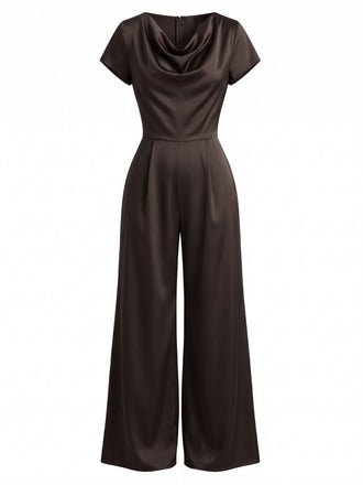 Brauner 50er Satin-Jumpsuit mit Wasserfallausschnitt und weitem Bein