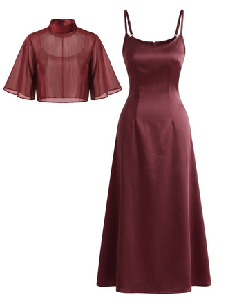 Weinrotes 40er Satin-Slipkleid & Schal