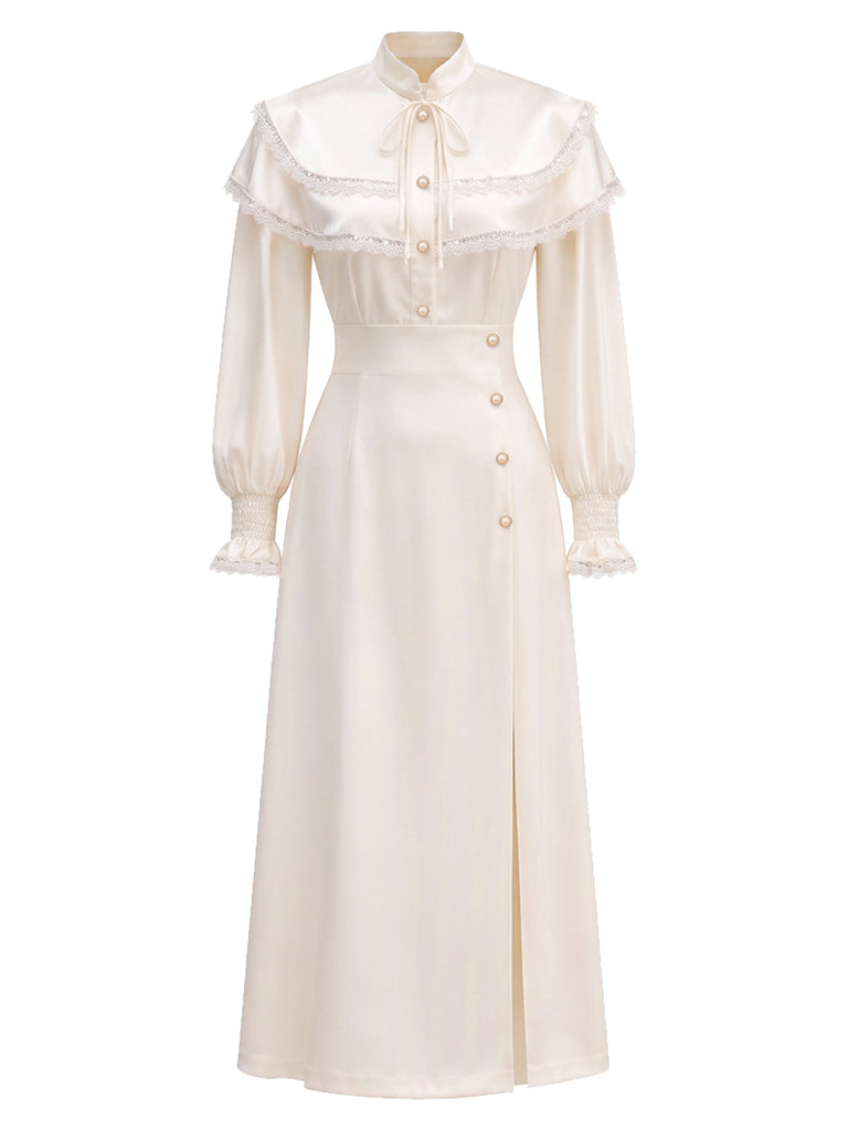 Beige 70er Kleid mit Cape-Effekt und Ballonärmeln