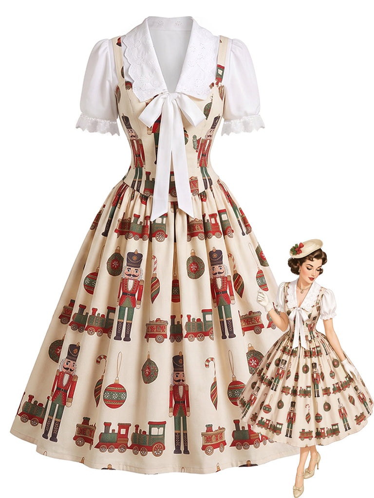 50er Weihnachts-Swingkleid mit Nussknackerprint und Wellenkragen