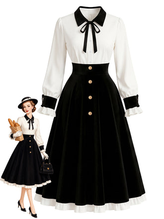 Schwarzes & weißes 50er Kleid mit Knöpfen, Kontrastschleife und Ballonärmeln