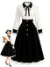 Schwarzes & weißes 50er Kleid mit Knöpfen, Kontrastschleife und Ballonärmeln