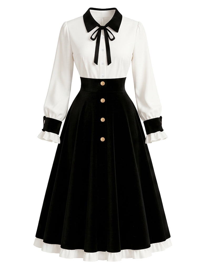 Schwarzes & weißes 50er Kleid mit Knöpfen, Kontrastschleife und Ballonärmeln