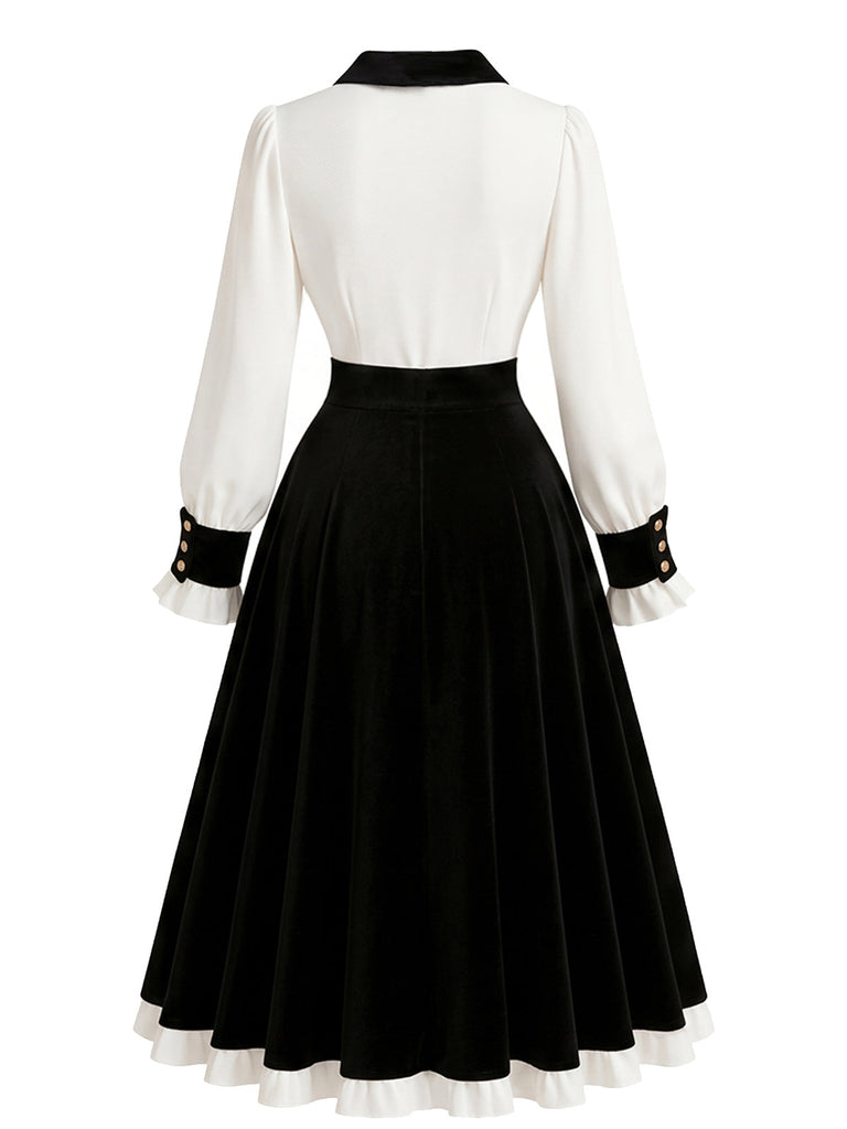Schwarzes & weißes 50er Kleid mit Knöpfen, Kontrastschleife und Ballonärmeln