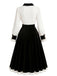 Schwarzes & weißes 50er Kleid mit Knöpfen, Kontrastschleife und Ballonärmeln