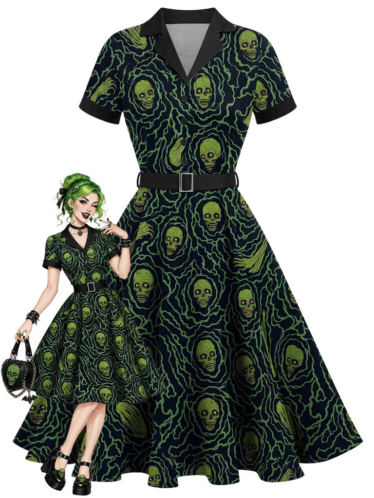 Grünes & Schwarzes 50er Halloween Swingkleid mit Skelett