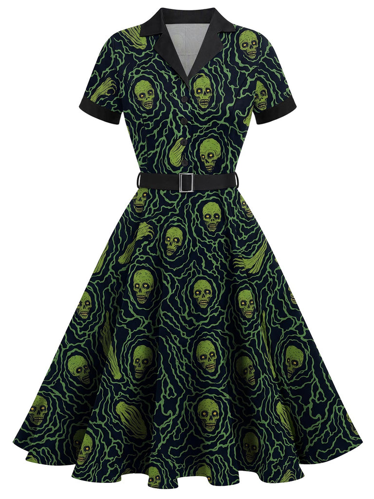 Grünes & Schwarzes 50er Halloween Swingkleid mit Skelett