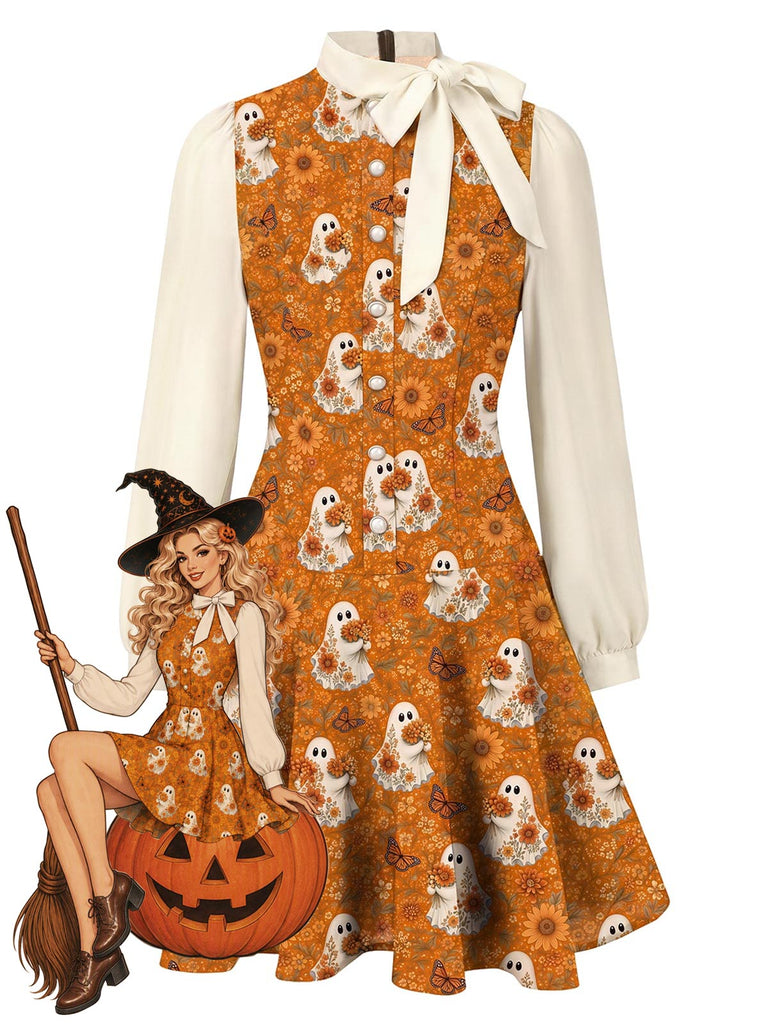 Braunes 60er Halloween Kleid mit Geist und Blumen