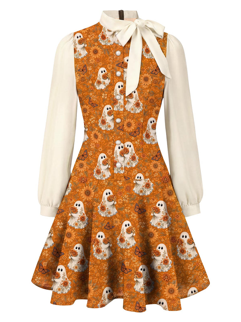 Braunes 60er Halloween Kleid mit Geist und Blumen