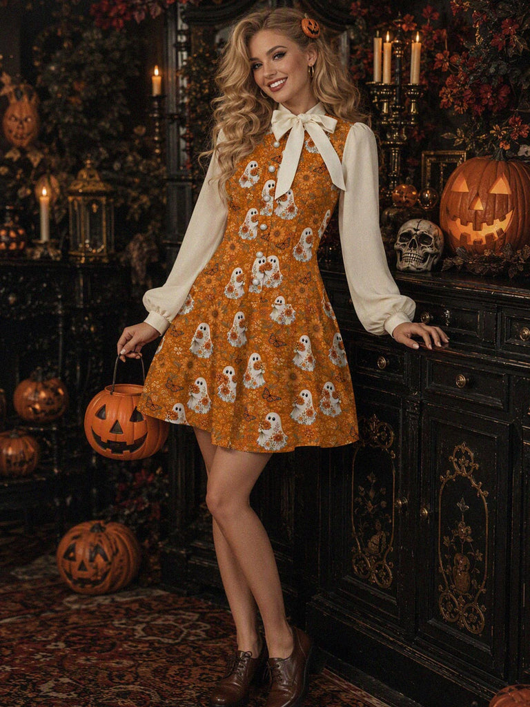 Braunes 60er Halloween Kleid mit Geist und Blumen