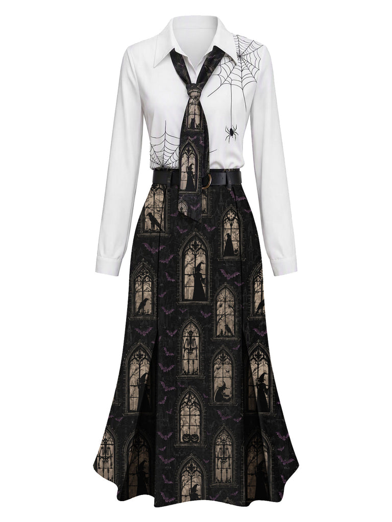 Schwarzes 30er Halloween-Kleid mit Spinnennetz und Hexenschloss