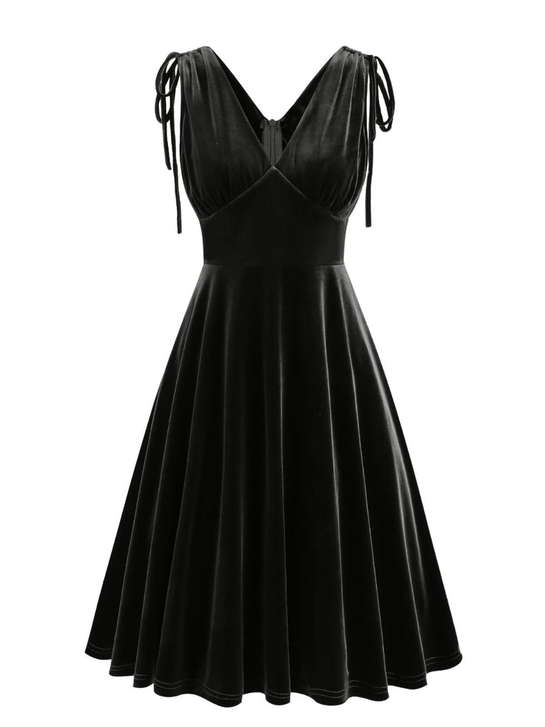 60er Samtkleid mit V-Ausschnitt und Schleifenträgern