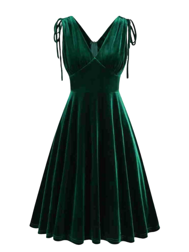 60er Samtkleid mit V-Ausschnitt und Schleifenträgern