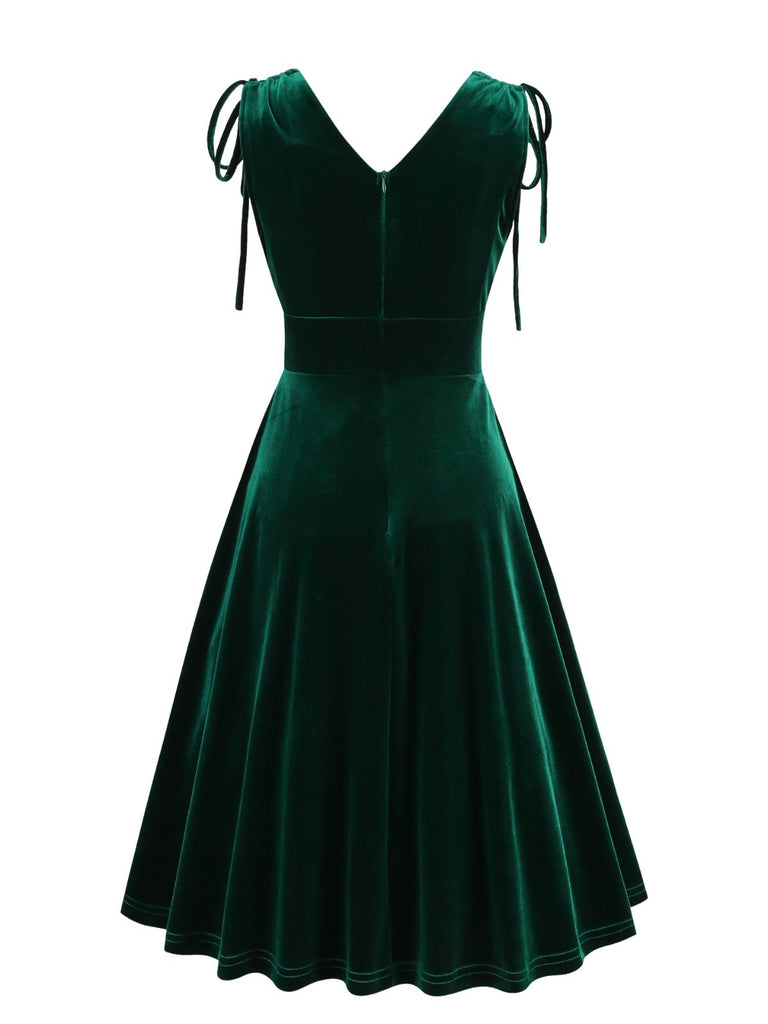 60er Samtkleid mit V-Ausschnitt und Schleifenträgern