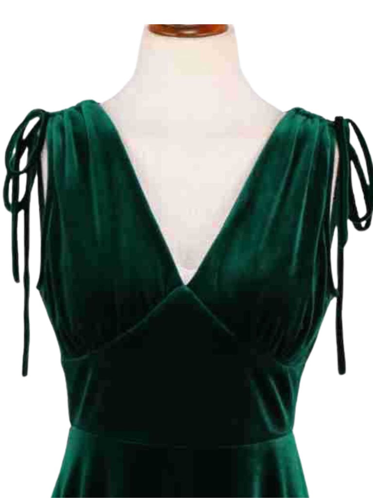 60er Samtkleid mit V-Ausschnitt und Schleifenträgern