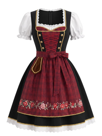 50er Oktoberfest-Dirndlset mit Puffärmeln und Blumen-Karo-Schürze