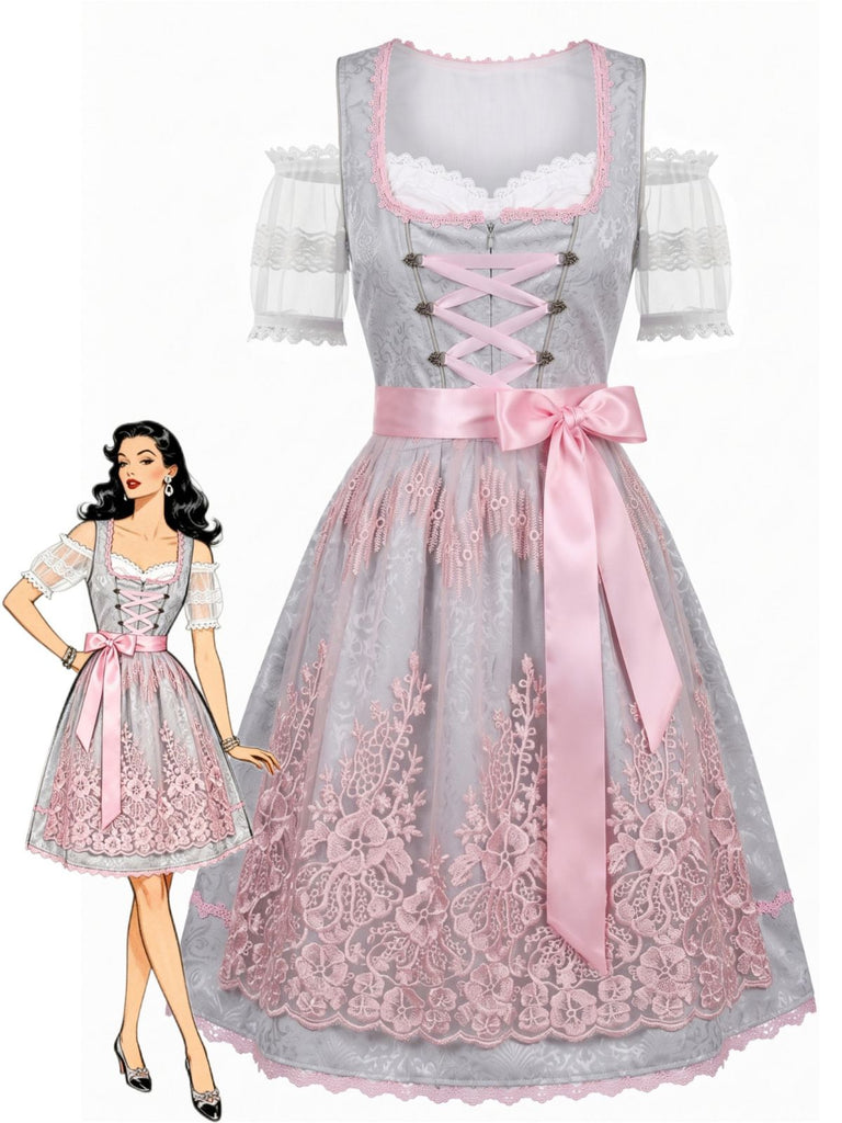 Rosa 50er Oktoberfest-Dirndl-Set mit Spitzen-Croptop und Blumenschürze