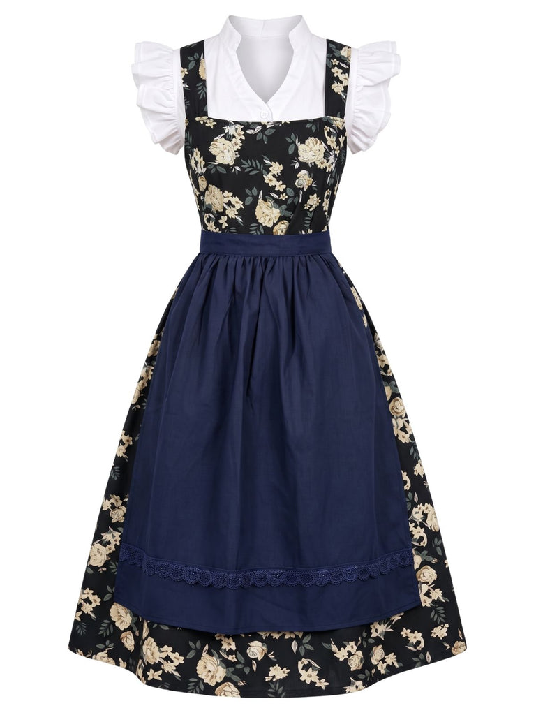 50er Oktoberfest-Dirndlset aus Rüschen-Croptop, Blumenkleid, Schürze