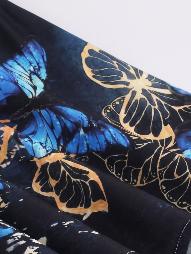 40er Kleid mit Schmetterlings-Print und Puffärmeln