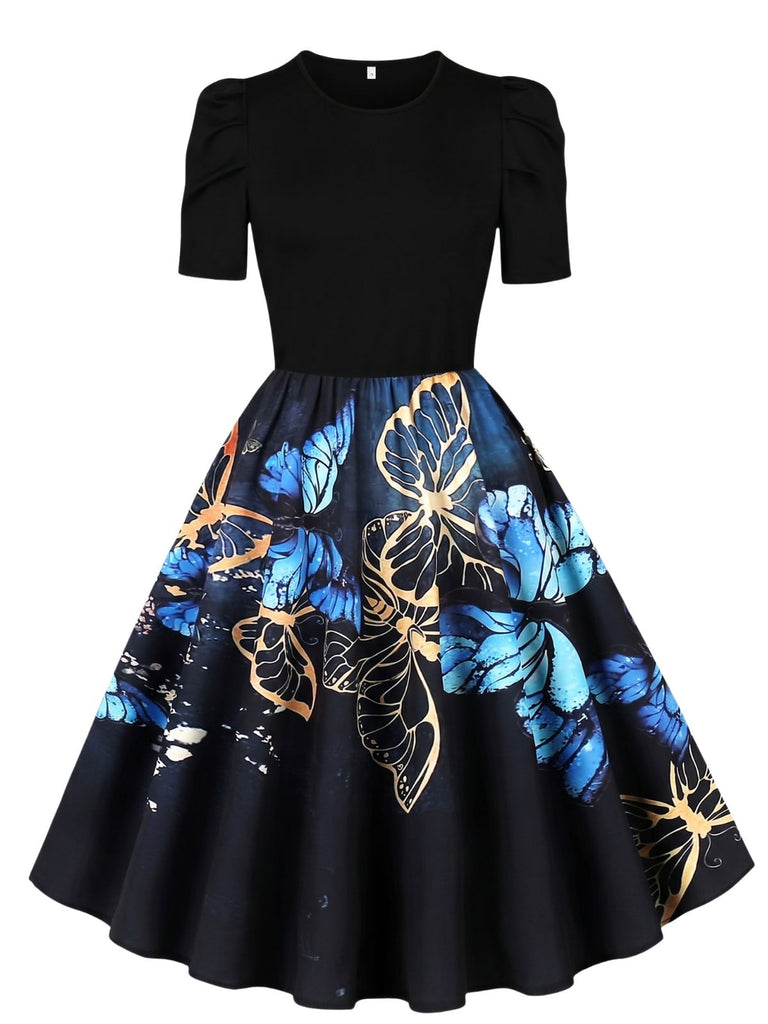 40er Kleid mit Schmetterlings-Print und Puffärmeln