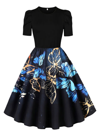 40er Kleid mit Schmetterlings-Print und Puffärmeln