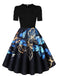40er Kleid mit Schmetterlings-Print und Puffärmeln