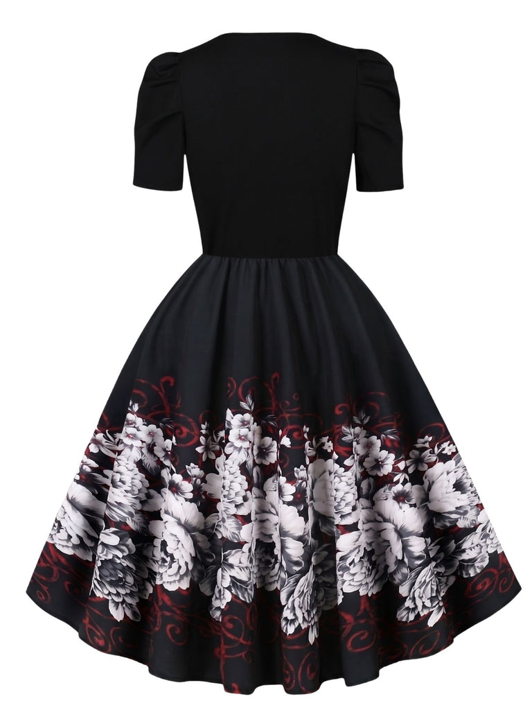40er Kleid mit Schmetterlings-Print und Puffärmeln