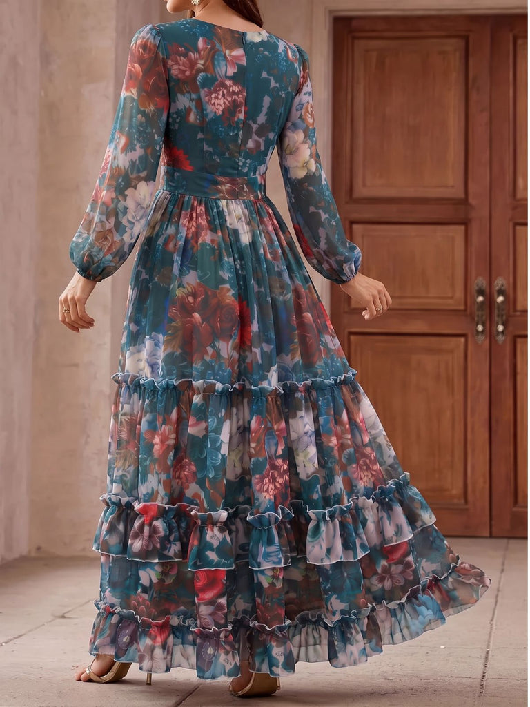 30er geblümtes Stufen-Maxikleid mit V-Ausschnitt und Langarm
