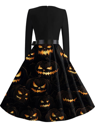 40er Halloween Swingkleid mit Kürbis und Blütenkragen