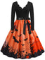 Orange-schwarzes 40er Halloween-Swingkleid mit Fledermausmotiv und Blütenkragen