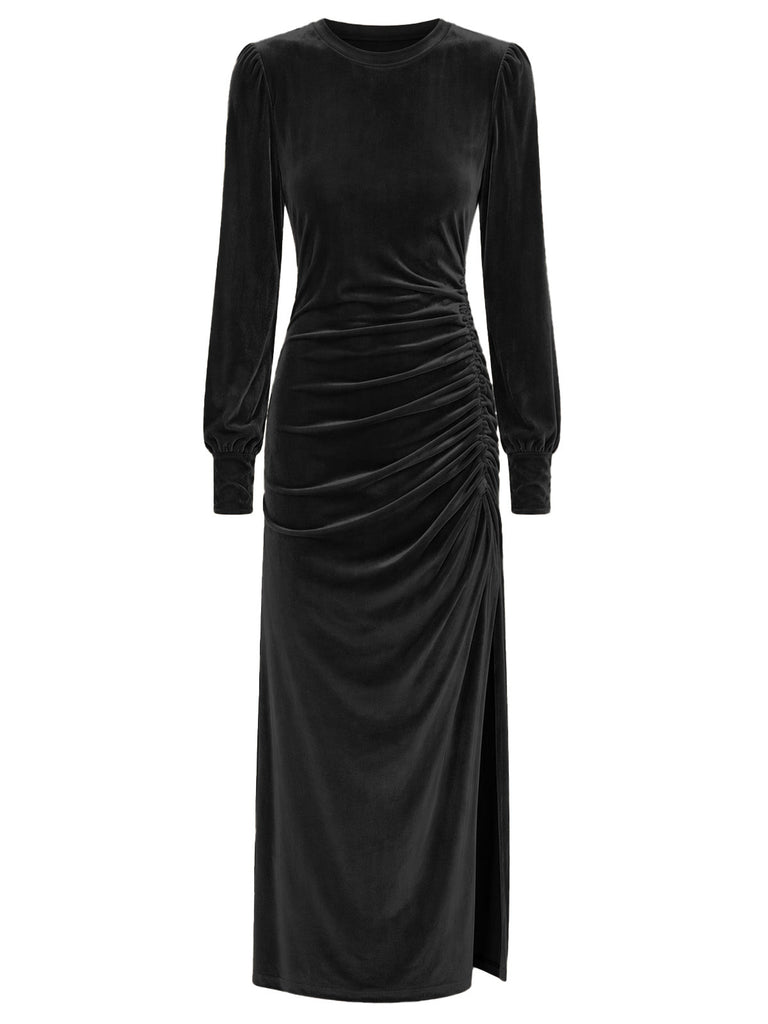 70er Langarm-Samtkleid mit Raffung und Schlitz