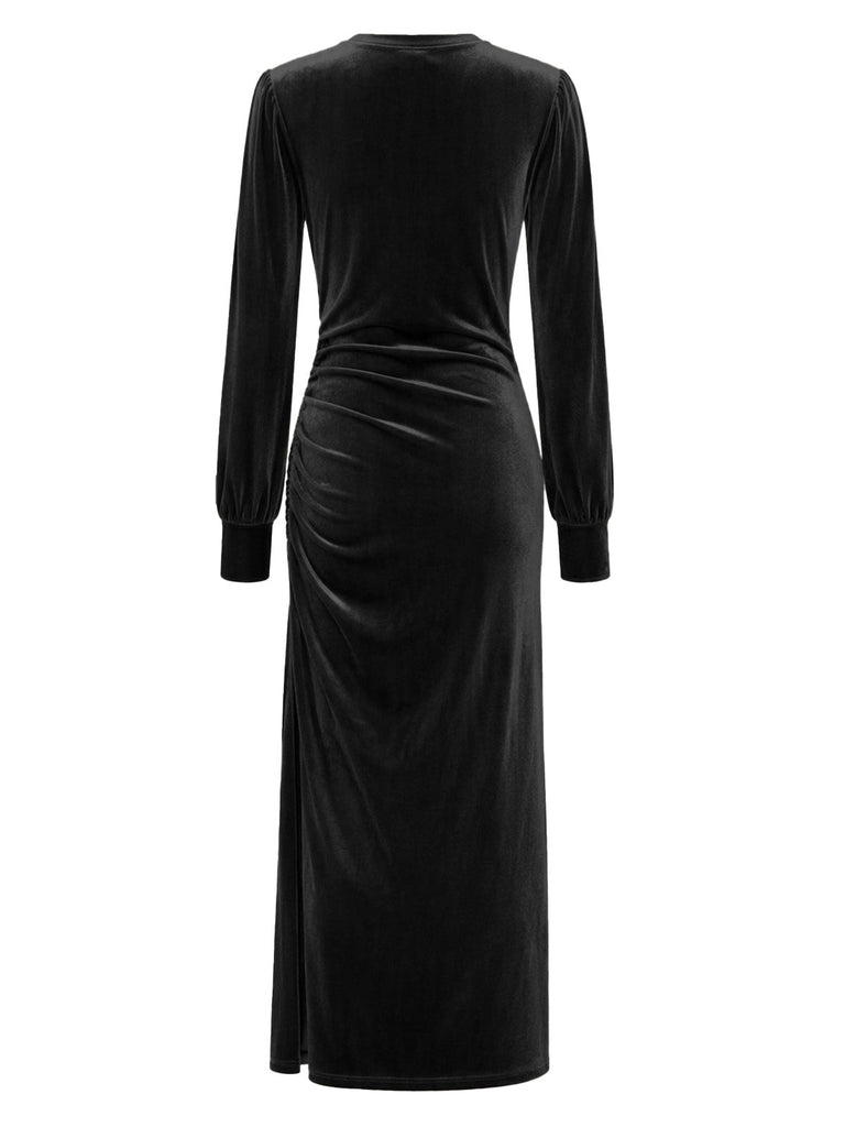 70er Langarm-Samtkleid mit Raffung und Schlitz