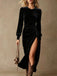 70er Langarm-Samtkleid mit Raffung und Schlitz