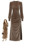 70er Langarm-Samtkleid mit Raffung und Schlitz