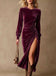 70er Langarm-Samtkleid mit Raffung und Schlitz