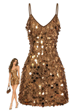 Goldenes 60er Bodycon-Minikleid mit Pailletten und Spaghettiträgern