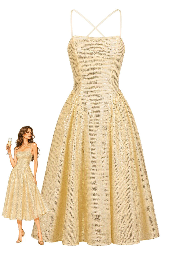 Goldenes 50er Pailletten-Midikleid mit Spaghettiträgern