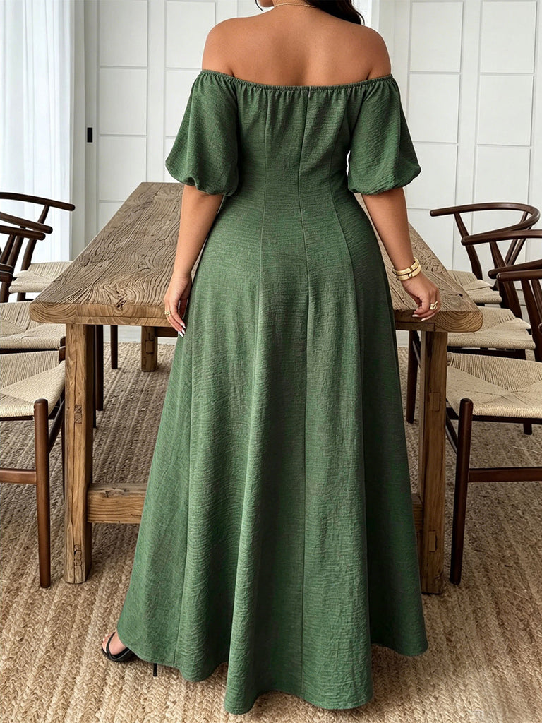 [Übergröße] Dunkelgrünes 50er Carmenkleid mit Blütenapplikationen