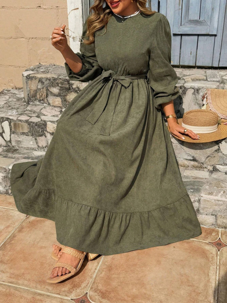 [Übergröße] Olivgrünes 50er Midikleid mit Ballonärmeln und Bindegürtel