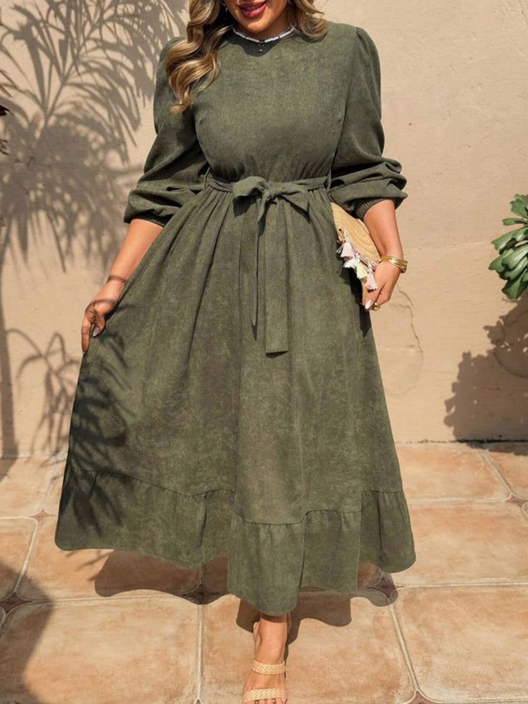 [Übergröße] Olivgrünes 50er Midikleid mit Ballonärmeln und Bindegürtel