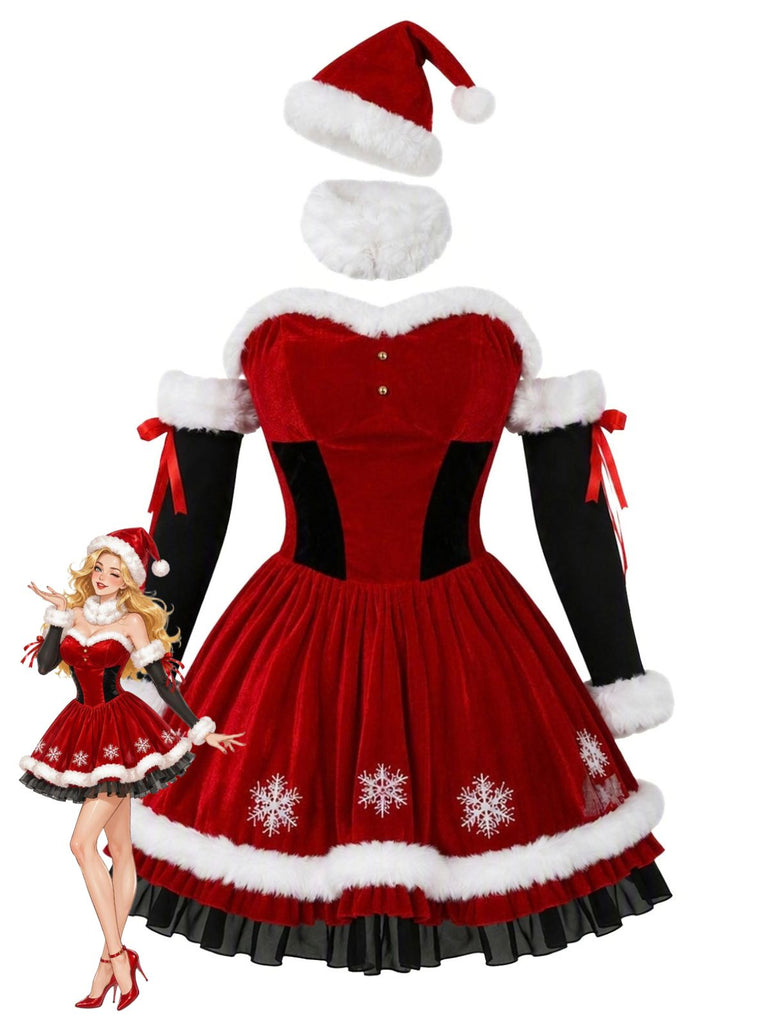 Rotes 50er Weihnachts-Samtkleid mit Fellbesatz und Schneeflocken