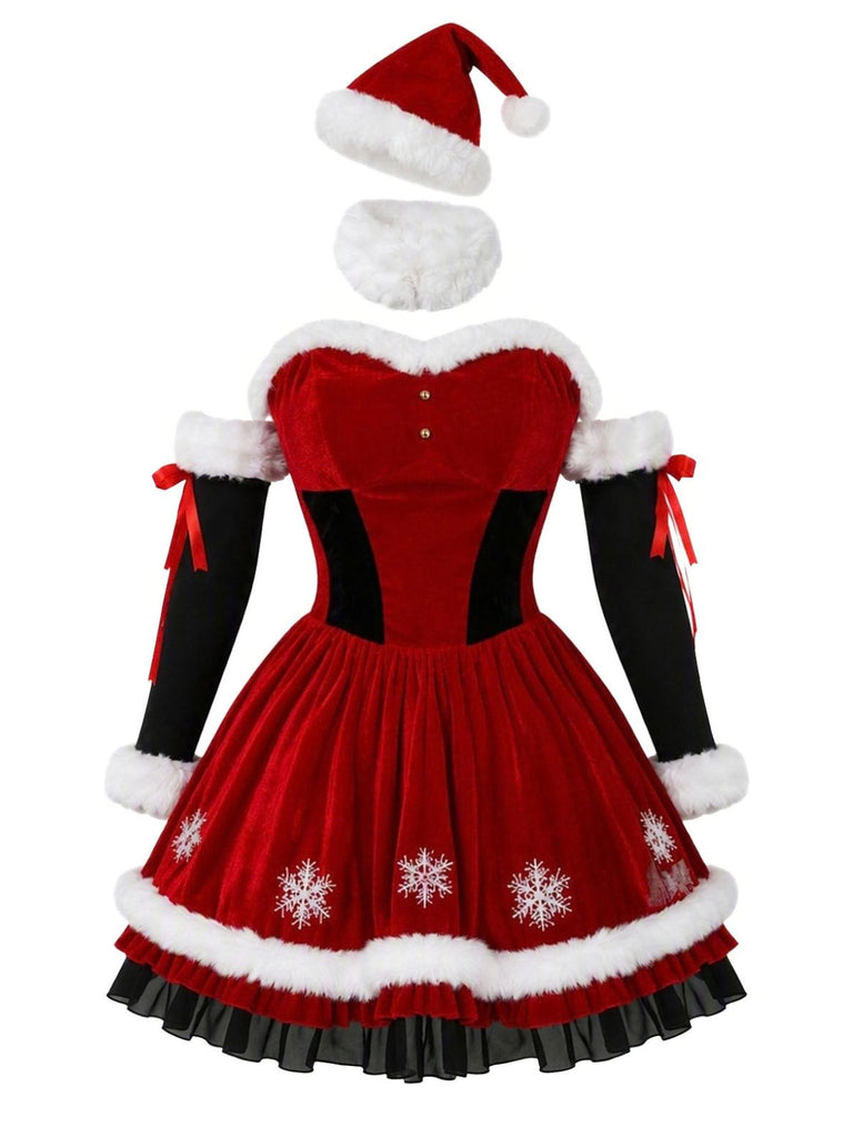 Rotes 50er Weihnachts-Samtkleid mit Fellbesatz und Schneeflocken