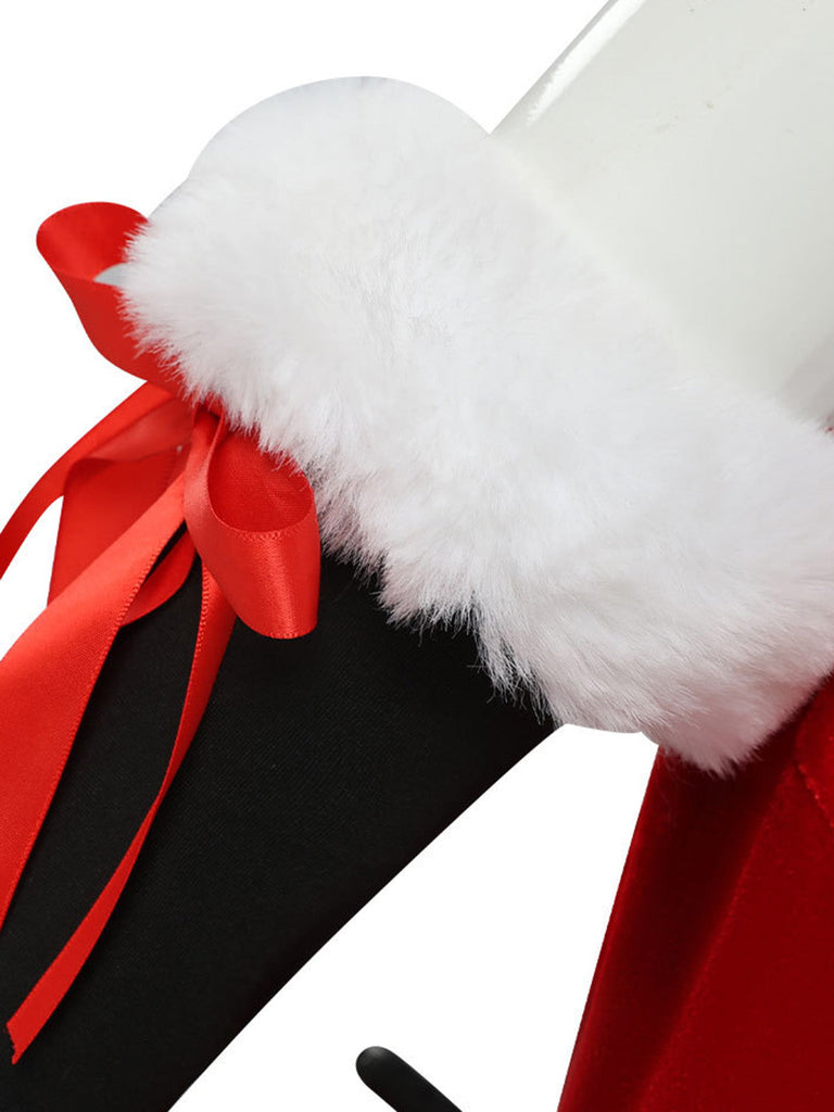 Rotes 50er Weihnachts-Samtkleid mit Fellbesatz und Schneeflocken