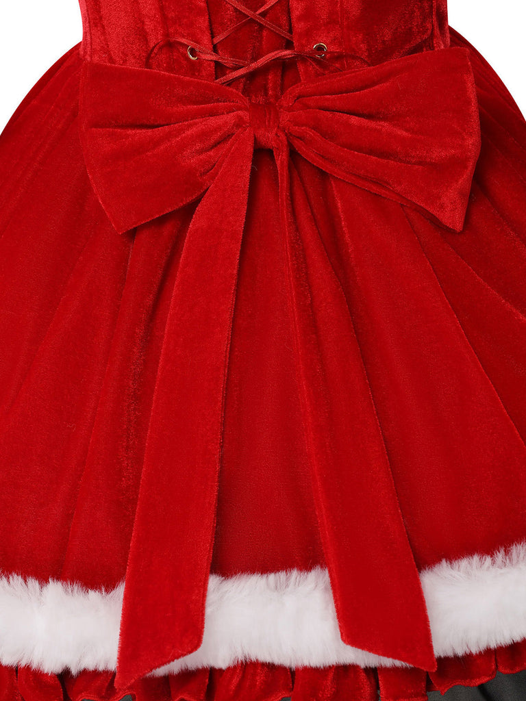 Rotes 50er Weihnachts-Samtkleid mit Fellbesatz und Schneeflocken