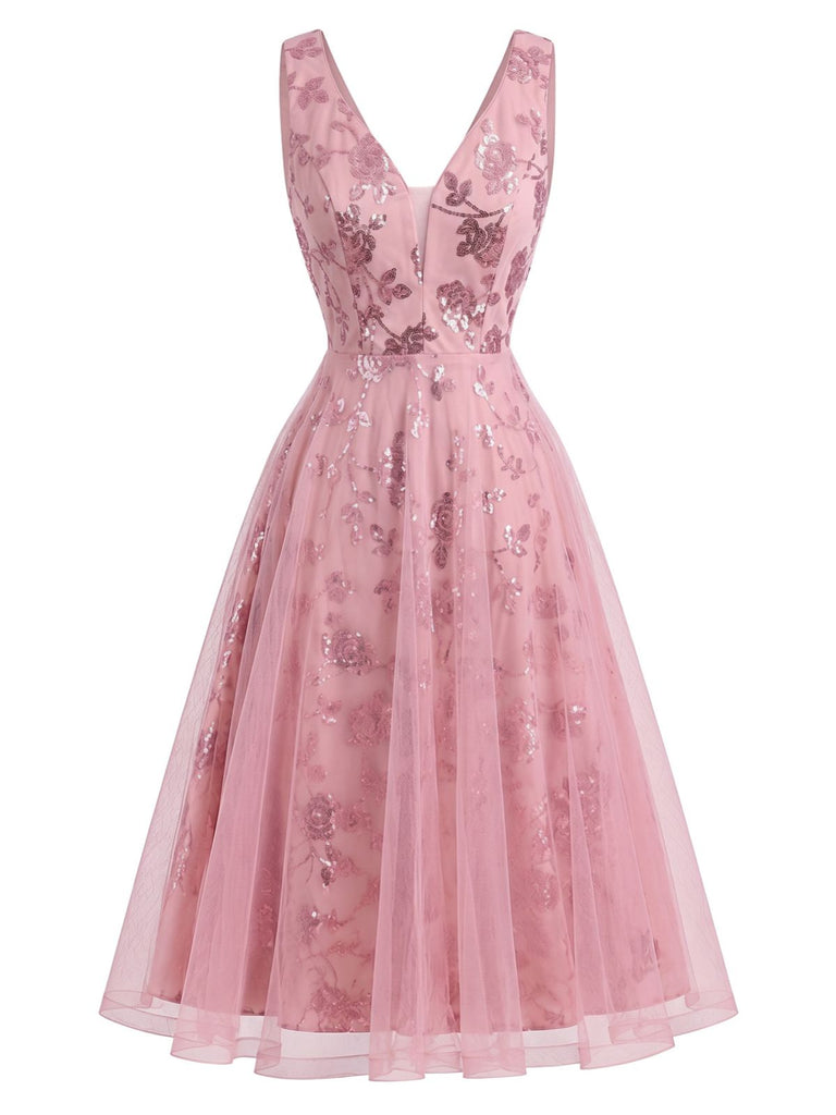 Rosa 50er Tüllkleid mit floraler Paillettenstickerei